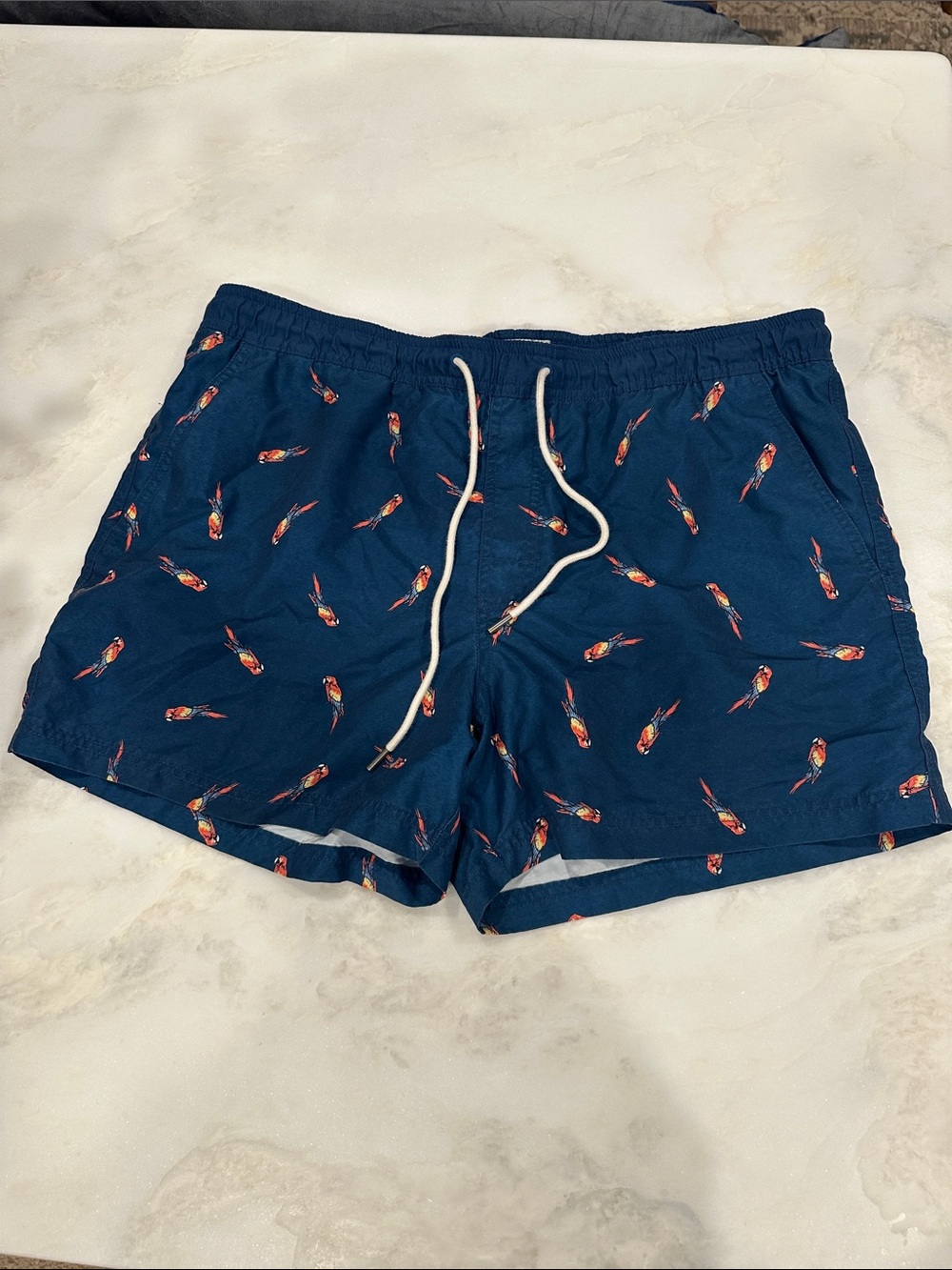 American Eagle Outfitters Navy Swim Trunks with Red & Yellow Parrot Print
